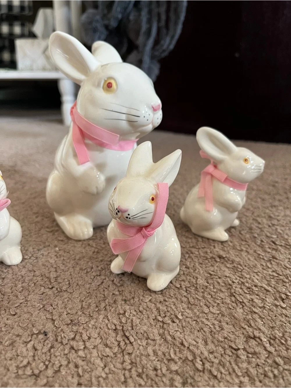 White Ceramic Bunny Figurine with Pink Ribbon - Decorative Small Pets Accent